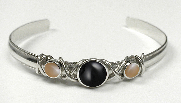 Sterling Silver Hand Made Cuff Bracelet With Black Onyx And Peach Moonstone